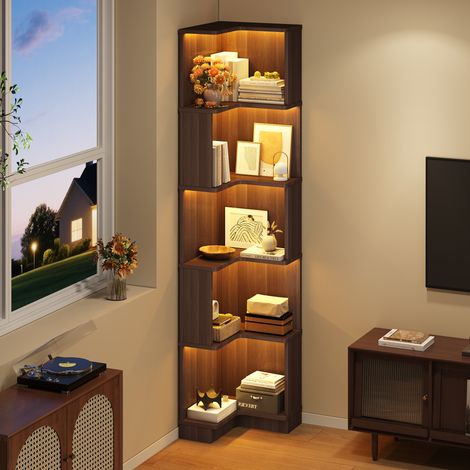 Librería esquinera en forma de L de 63,5 x 45 x 175 cm con iluminación LED multicolor controlada por una aplicación, 5 estantes, MDF marrón. (1/5)