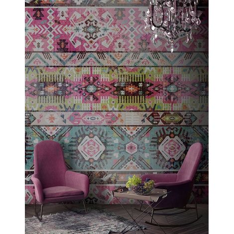 Papier peint panoramique ethnique multicolore | Tapisserie panoramique graphique pour couloir | Papier peint panoramique idéal chambre fille - 270 x 400 cm (4 pièces) (1/5)