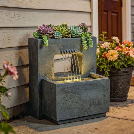 Fontana da giardino a 2 livelli con illuminazione a LED, fioriera, pompa, effetto pietra, regolabile, 45 x 31,5 x 58,5 cm (1/5)