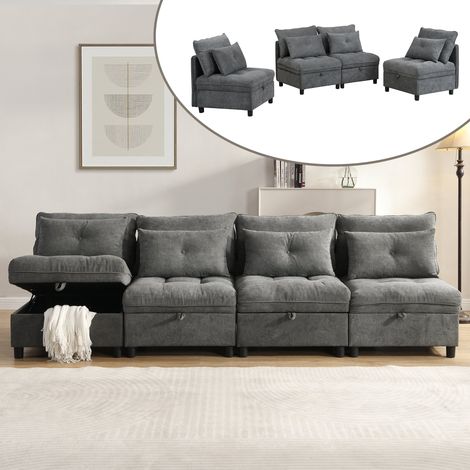 Canapé modulable Cloud 4 places en chenille convertible en lit modules séparables rangements sous assises 8 coussins, salon cosy (1/5)