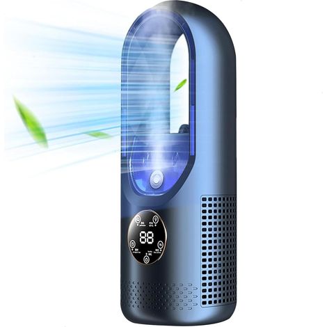 Ventilateur USB multifonction sans pale, ventilateur de refroidissement à 6 vitesses avec minuterie, ventilateur vertical sans pale avec affichage LED, faible bruit, portable (Bleu) (1/5)