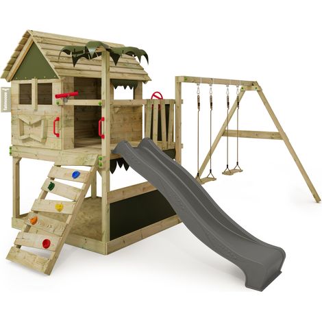FATMOOSE Spielturm Klettergerüst TikaTaka mit Rutsche & Schaukel, Kletterturm mit Sandkasten, Leiter & Spiel-Zubehör - Anthrazit