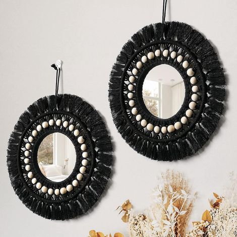 Miroir décoratif rond à franges avec pendentif en perles de bois et plumes, pour appartement, chambre ou salon, 1 pièce (1/5)