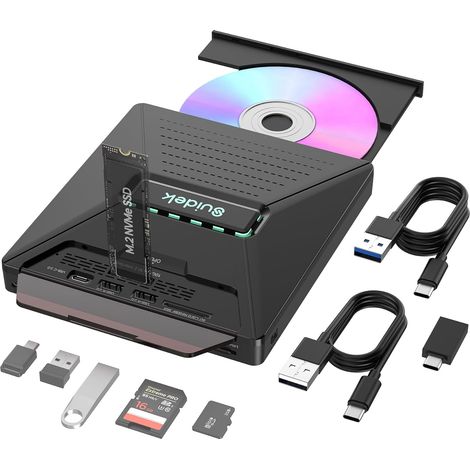 Lecteur CD Externe, Graveur DVD +/-RW 7 en 1 avec Interface M.2 NVMe Fentes pour cartes SD/Micro SD et port USB-A Type-C 2.0, compatible avec PC,ordinateur portable, Windows et Linux (1/5)