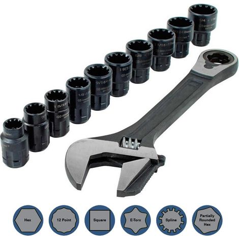 3 in 1 Pass Through Reversible Adjustable Wrench 11 Piece Set + Spline Sockets (1/4)