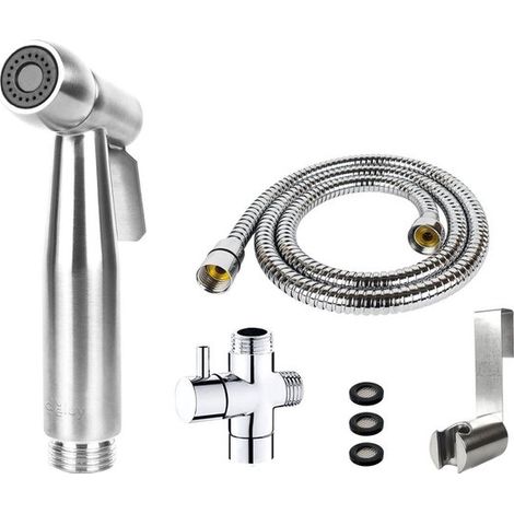 Ensemble douchette bidet - Douchette bidet en acier inoxydable brossé - Comprend flexible, raccord en T et support mural (1/5)