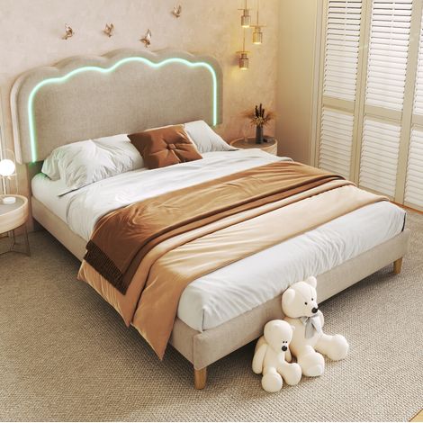 Lit double rembourré en lin beige 140x200 cm avec tête de lit LED réglable (1/5)