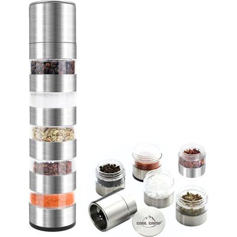 Set D'épices de Voyage 5 en 1, Pots à Epices Empilables en Acier Inoxydable Mini Pots à Épices avec Moulin à Épices Pots à Épices po (1/5)