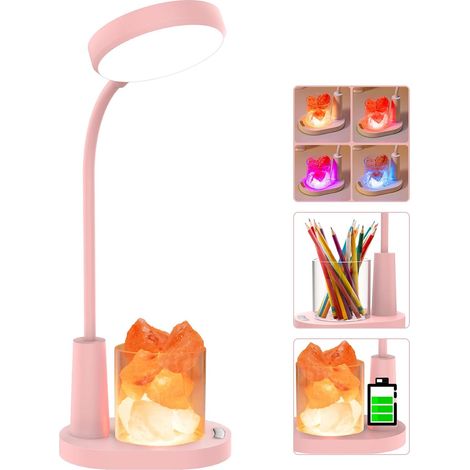 Lampada da scrivania per bambini, lampada da tavolo con sale dell'Himalaya, lampada da comodino con cambio automatico di colore e portapenne, dimmerabile, ricaricabile - Rosa (1/5)