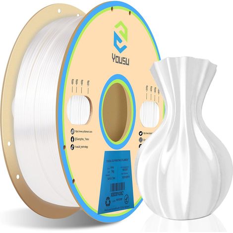 Filament PLA YOUSU Silk pour imprimante 3D, diamètre 1,75 mm, précision dimensionnelle +/- 0,03 mm, bobine de 1 kg (2,2 lbs) - Blanc. Bonne adhérence pour la plupart des imprimantes 3D FDM. (1/4)
