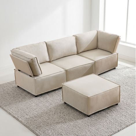 Divano modulare componibile, configurazione libera, seduta medio morbida, tessuto resistente alle macchie, schiuma e legno beige (1/5)