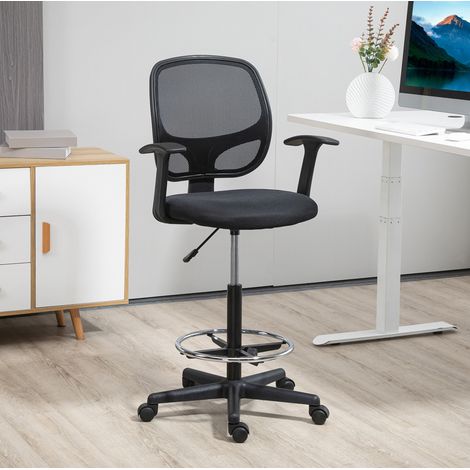 Bürostuhl 60x56x110-132 cm Schwarz Schaumstoff mit Mesh-Rückenlehne und verstellbarem Fußring (1/4)