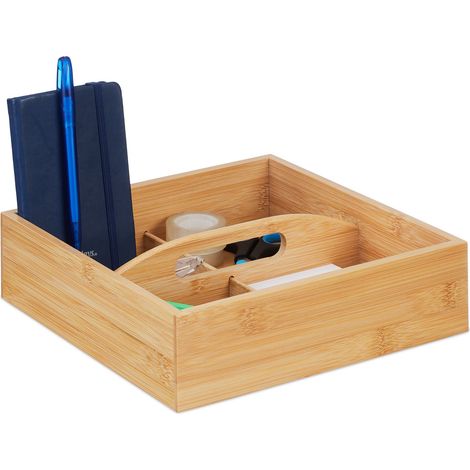 Relaxdays Bambus Organizer mit Griff, 4 Fächer, HxBxT: 6,5 x 25 x 25 cm, Aufbewahrungsbox für Büro, Bad & Küche, natur