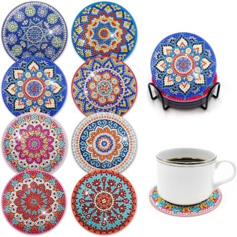 Dessous de verre ronds pour peinture diamant 5D, lot de 8, avec support et base en liège. Idéal pour adultes et débutants. (1/5)