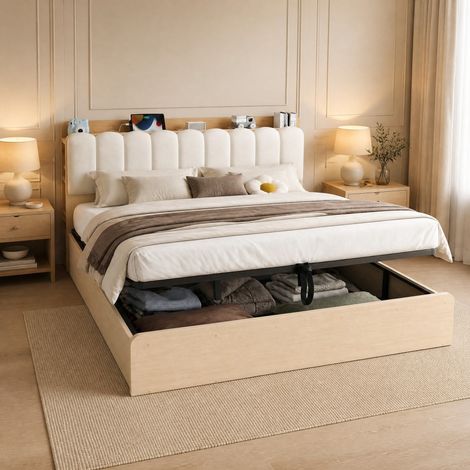Cama multifuncional con almacenamiento hidráulico 220x181x103 cm, cabecero con estante, USB, luz nocturna, madera natural y beige (1/5)