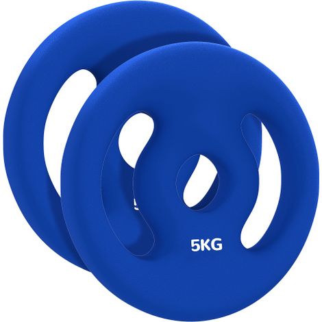 Set di 2 dischi per manubri, 5 kg ciascuno, per bilancieri da 2,5 cm, foro da 30 mm, colore blu, acquistabili in loco. (1/5)