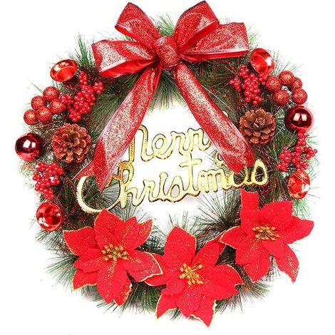 Couronne de porte de Noël artificielle 40 cm, nœud fleurs et boules, intérieur extérieur (1/5)