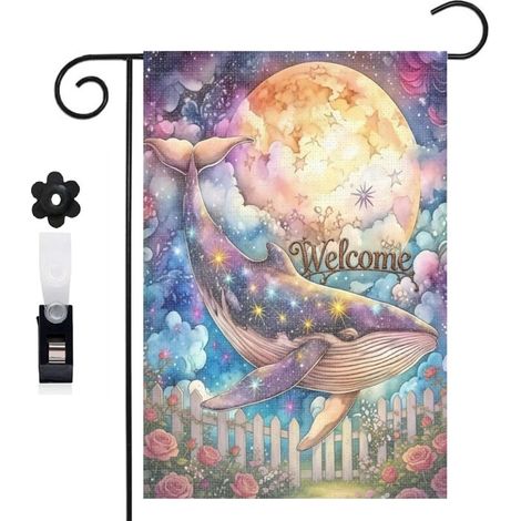 Drapeau de jardin 30 x 45 cm motif baleine et décor océan fantastique toile double face pour extérieur (1/5)