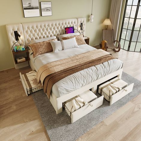 Lit coffre 160 x 200 cm en velours beige avec tête de lit lumineuse usb et 4 tiroirs + 2 chevets (1/5)