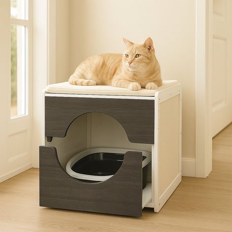 Mobiletto per lettiera per gatti con cuscino e tappetini tiragraffi