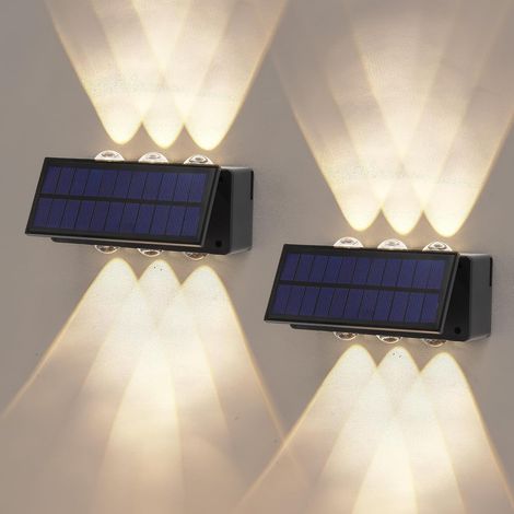 Lot de 2 appliques murales solaires d'extérieur étanches vers le haut et vers le bas - Lampes murales solaires lumineuses pour maison, cour, terrasse, garage, jardin, terrasse, porche, allée (1/5)