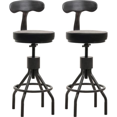 Conjunto de 2 taburetes de bar tipo trona de diseño industrial con reposapiés giratorio regulable en altura en acero y simil piel negra TDB04084 (1/5)