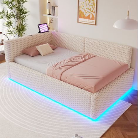 Cama tapizada 90x200 cm en terciopelo beige, con arcón hidráulico, LED y puertos USB/Type-C (1/5)