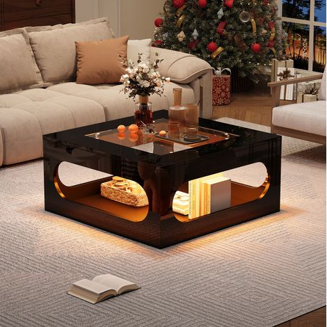 tavolo soggiorno 70x70 LED con vetro temperato nero OKMYHOME (1/5)