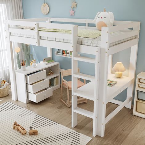 Lit mezzanine - lit 90x200 cm - lit enfant - bureau, placard à tiroirs et étagère de rangement - en bois blanc - sans matelas (1/5)