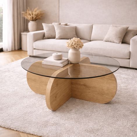 Runder Couchtisch Aris, Melamin in Eichenoptik und transparentes