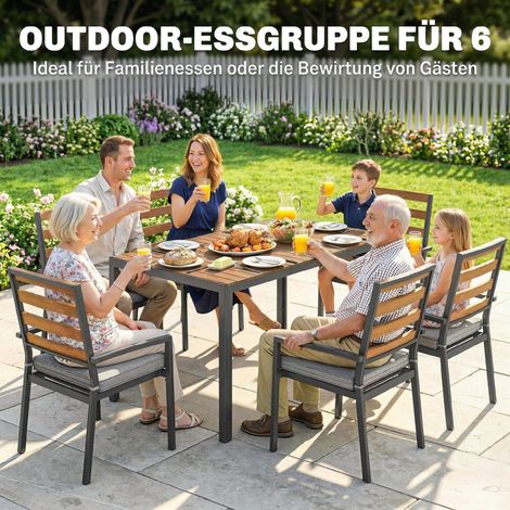 Ensemble de salon de jardin 7 pièces avec table repas, 6 fauteuils et coussins, pour terrasse, en bois massif naturel (1/5)