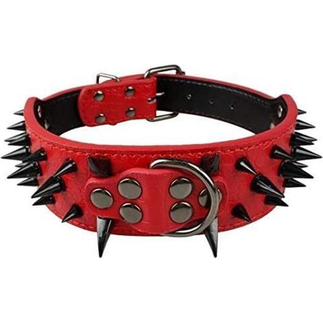 Luxury Pointed Studded Dog Collar, Padded Leather Collar for Medium-Sized Dogs, 5cm Wide, Anti-Bite, S, Red-NR (1/3)