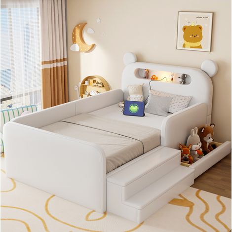 Kinder Polsterbett (214.5 x 134.5 x 98.5 cm), Bären Kopfteil, Nachtlicht, USB Anschluss, Kunstleder, Weiß (1/5)