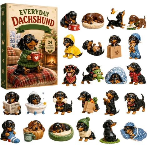 Dackel-Adventskalender 2026 – 24-teilig – schwarz, braun, gelb, blau – Acryl – 28 x 20 cm – Dackel-Weihnachtsbaumschmuck-Set – Weihnachtsbaumschmuck – geeignet für Weihnachten und als Dekoration für d (1/5)