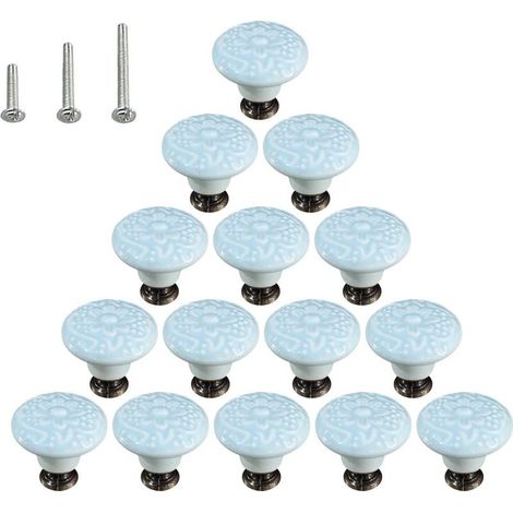 Lot de 15 poignées de commode en céramique brillante style champignon avec 3 vis de montage, bleu ciel (1/5)