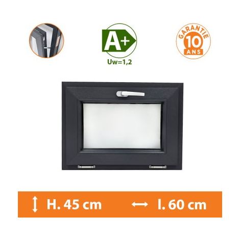 Direct Fenêtres – Châssis abattant gris 45x60 cm – Double vitrage 4/16/4 – Isolation thermique A+ – Crémone de sécurité 5 points – PVC traité anti-UV (1/5)