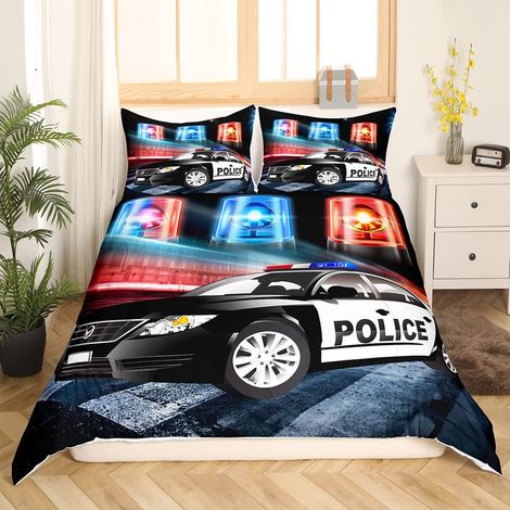 Parure de lit avec housse de couette 135 x 200 cm et 1 taie d'oreiller - Motif voiture de police - Décoration pour chambre d’adolescente - Noir (1/5)