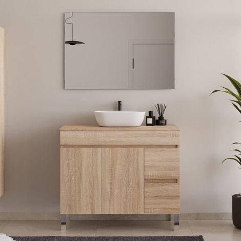Meuble de salle de bain 90cm sur pieds avec plateau et une cuve à poser arrondie - portes et tiroirs - cambrian (chêne clair) - HARO