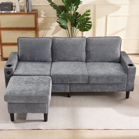 Sofá cama en L 202x137x80 cm gris de lino con USB, puerto Type-C, reposapiés modular y portavasos (1/5)