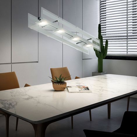 Suspension en verre Lampe à suspendre Plafonnier chromé LED Salon avec réglage en hauteur, argenté, 4x LED 4x 5 watts 4x 350 lm , LxlxH 87x16x120 cm (1/5)