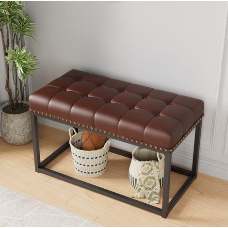 Banc rembourré vintage 90 cm en simili cuir capitonné marron, cadre métal noir, REDOM (1/5)