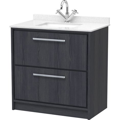 Longnor 2 Drawer Floor Standing Vanity Unit with Square Basin and Marble Worktop, Woodgrain Graphite Grey, 800mm (1/4)