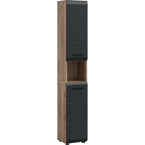 Ice Hochschrank Bad 2 Türen, 1 Regal Schwarz matt, Eiche Dekor.