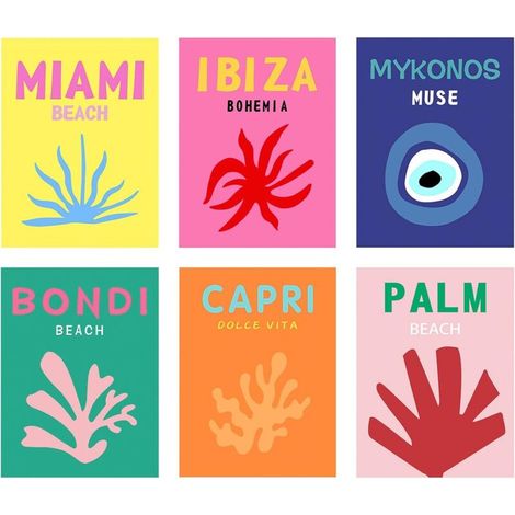 Lot de 6 impressions d'art sur toile - Affiche d'exposition sur le mur, art minimaliste coloré pour décoration, esthétiques, impressions de voyage (sans cadre, 20x25cm) (1/5)