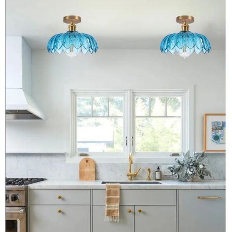 2x Plafonnier Moderne,25cm Lampe de Plafond Vintage Abat-jour en Verre Design Fleurs E27 Lustre Rétro pour Salon Chambre,Bleu (1/5)