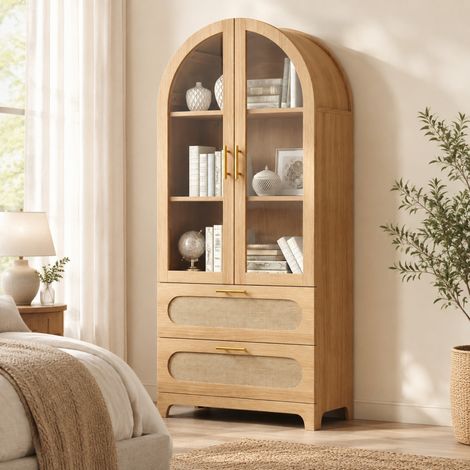 Vitrina biblioteca con puertas de cristal, 80 x 40 x 175 cm, MDF acabado roble, 2 cajones REDOM (1/5)