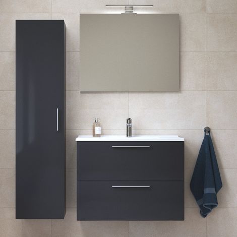 Vitra Set Mia ensemble meuble 79x61x39,5 cm avec miroir, lavabo, éclairage LED + armoire 145x35x35cm, Anthracite brillant