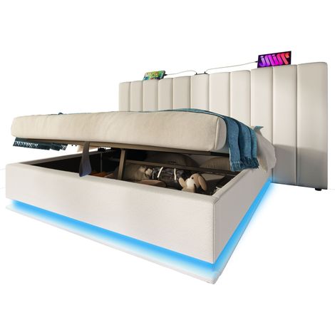 Cama con Canapé 180 x 200 cm en PU, Doble con LED, 3 USB y Type-C, sin Colchón, Blanca (1/5)