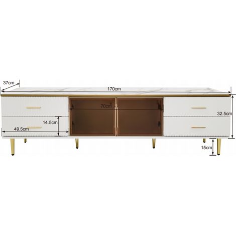 Table basse moderne, meuble TV modulable, coffre salon avec porte en verre trempé, cadre en aluminium, tiroirs nervurés, poignées et pieds dorés, plateau effet marbre. (1/5)
