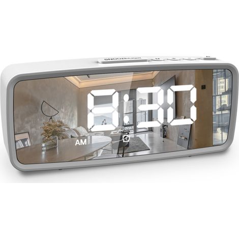 5,1-Zoll-LED-Digitalwecker mit Spiegeldisplay, 3-stufiger Dimmfunktion, Doppelalarm, Dunkelmodus, 12/24-Stunden-Format.